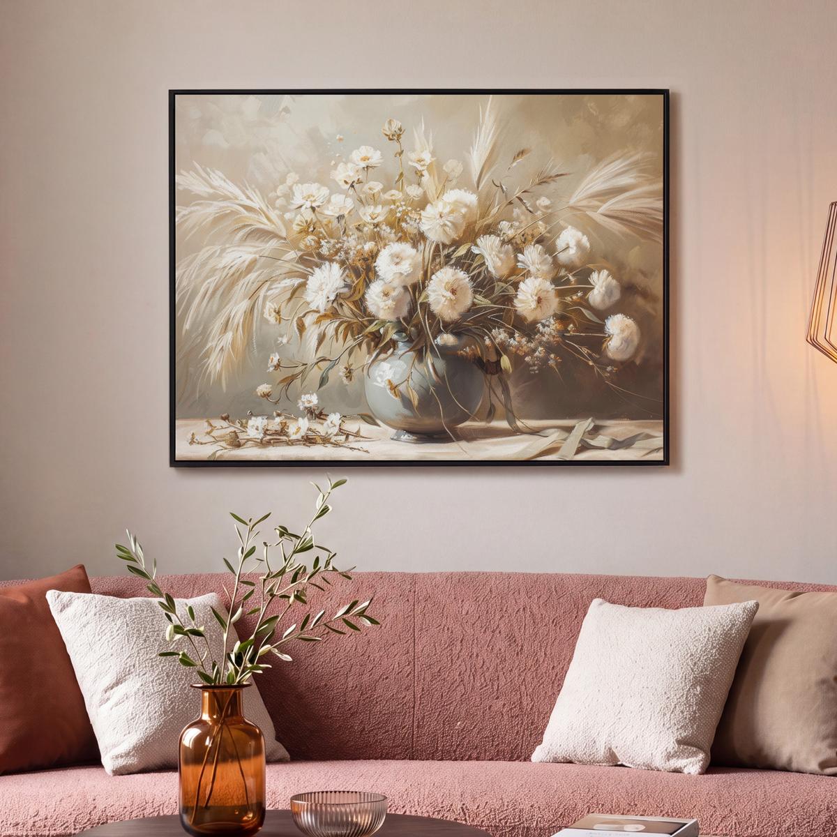 LEINWAND Bilder mit Rahmen - Blumen - Vase - Stilleben - Beige - 100x70 - Creme, Textil (100/70cm) - MuchoWow