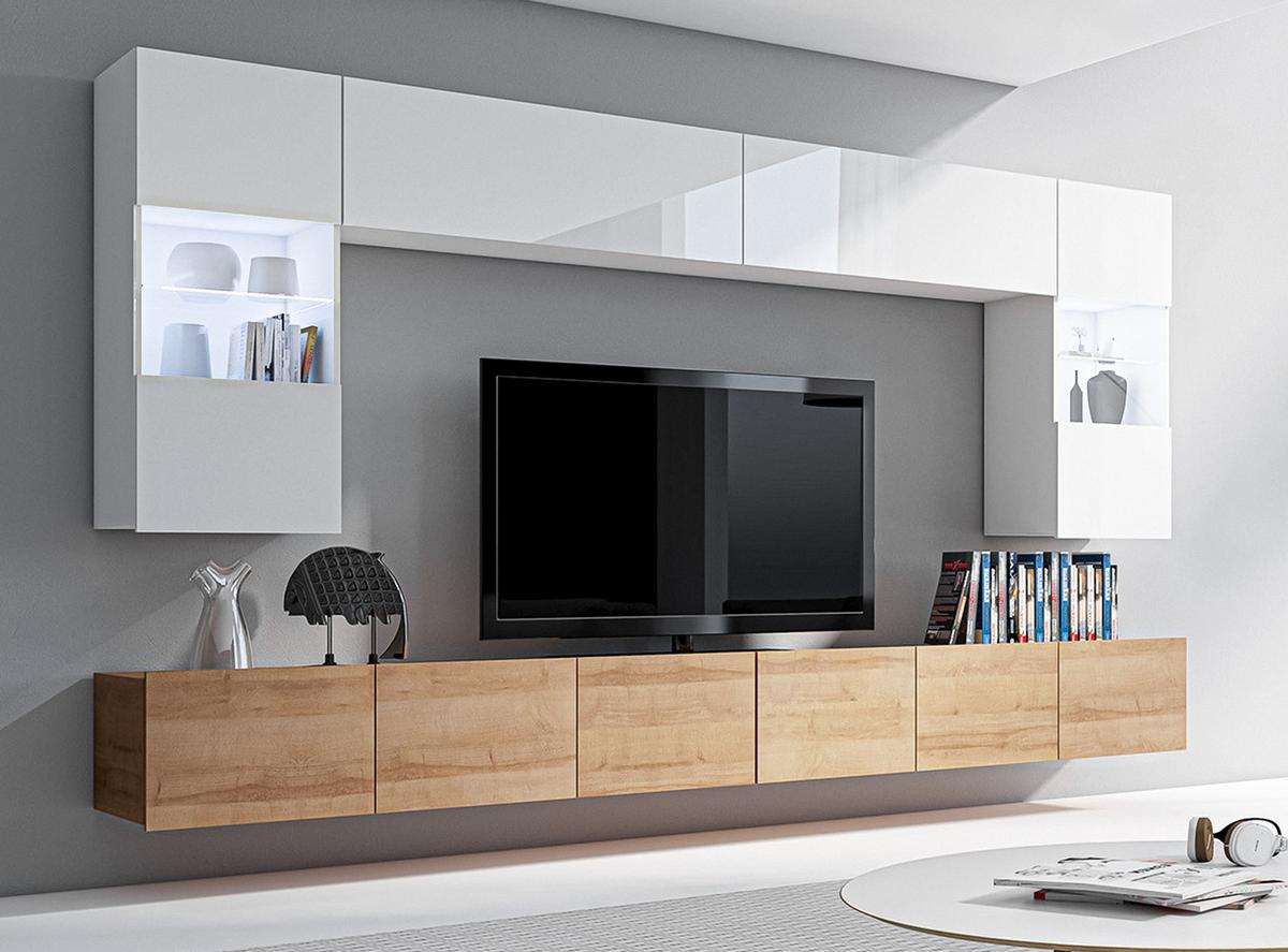 WOHNWAND Kossana 1 Modern Weiß, Goldene Eiche 300/154/43 cm Stilvoll - Hellbraun/Weiß, Holzwerkstoff/Kunststoff (300/154/43cm) - AX Living
