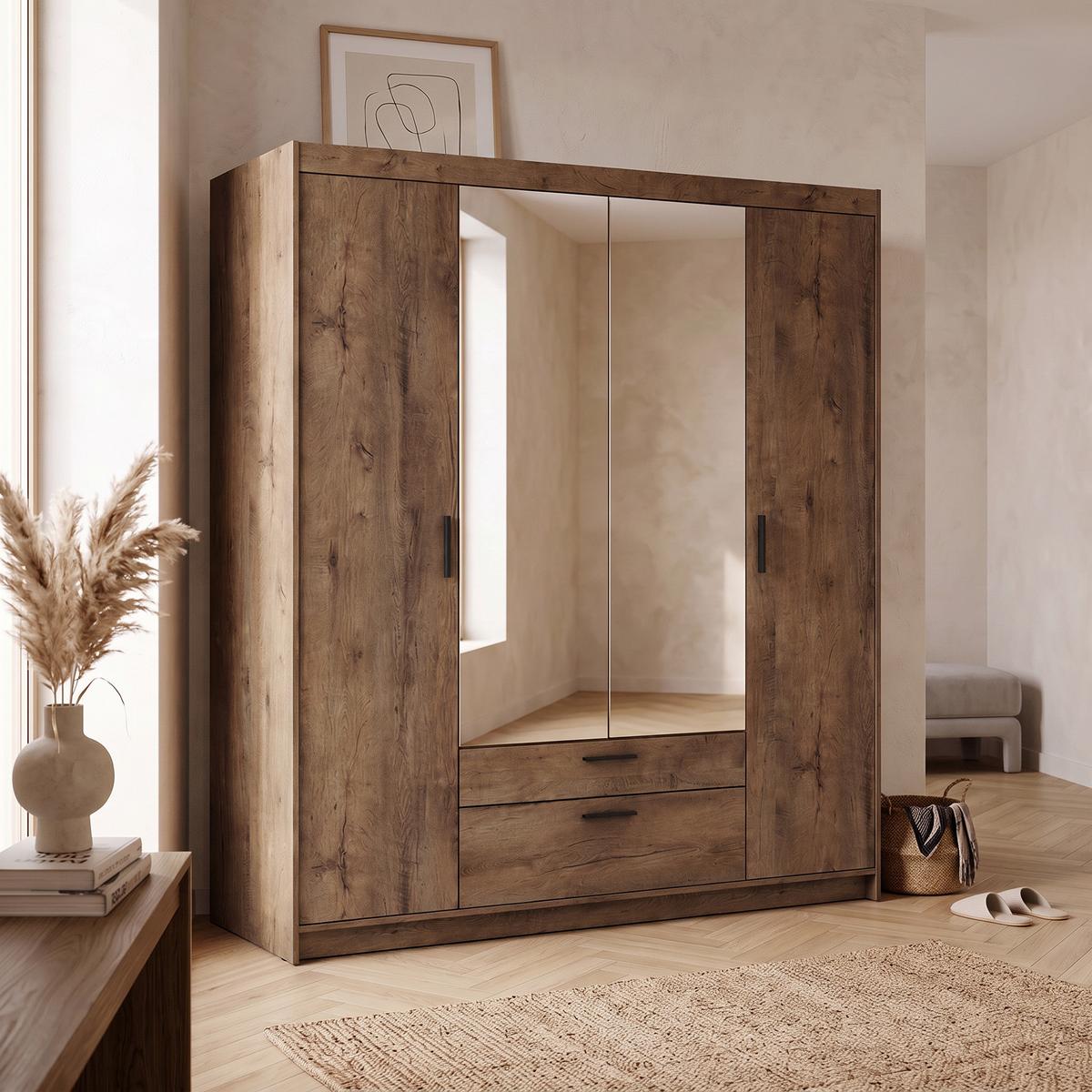 DREHTÜRENSCHRANK Elena mit 4 Türen, 2 Schubladen und Spiegel, 176 cm, Eiche Lefkas - Eichefarben, Holzwerkstoff (176/190/53cm) - Beautysofa