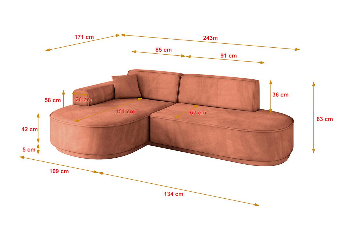 ECKSOFA Ottomane Links MARI-L1-v3 - 243x171x83 cm Koralle Velours - Koralle/Schwarz, Holzwerkstoff/Kunststoff (243/171cm) - ALTDECOR