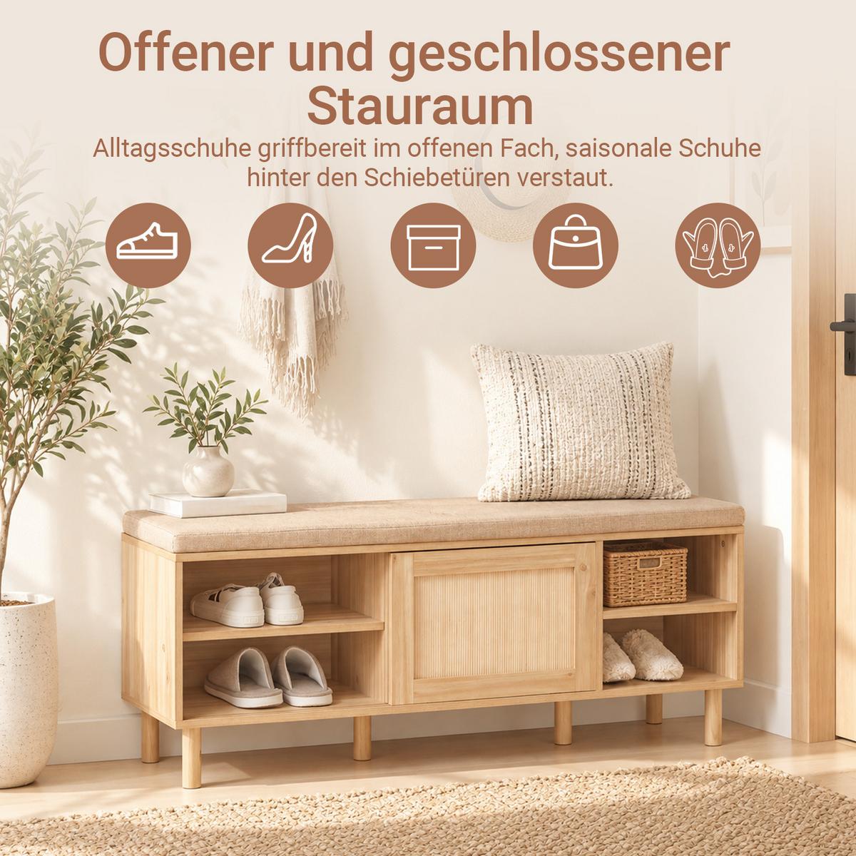 SITZBANK mit Stauraum, Natur, 121x49x35cm, 6 Fächer, Sitzkissen, für Flur, Diele und Schlafzimmer - Naturfarben, Naturmaterialien/Holzwerkstoff (121/49/35cm) - SoBuy