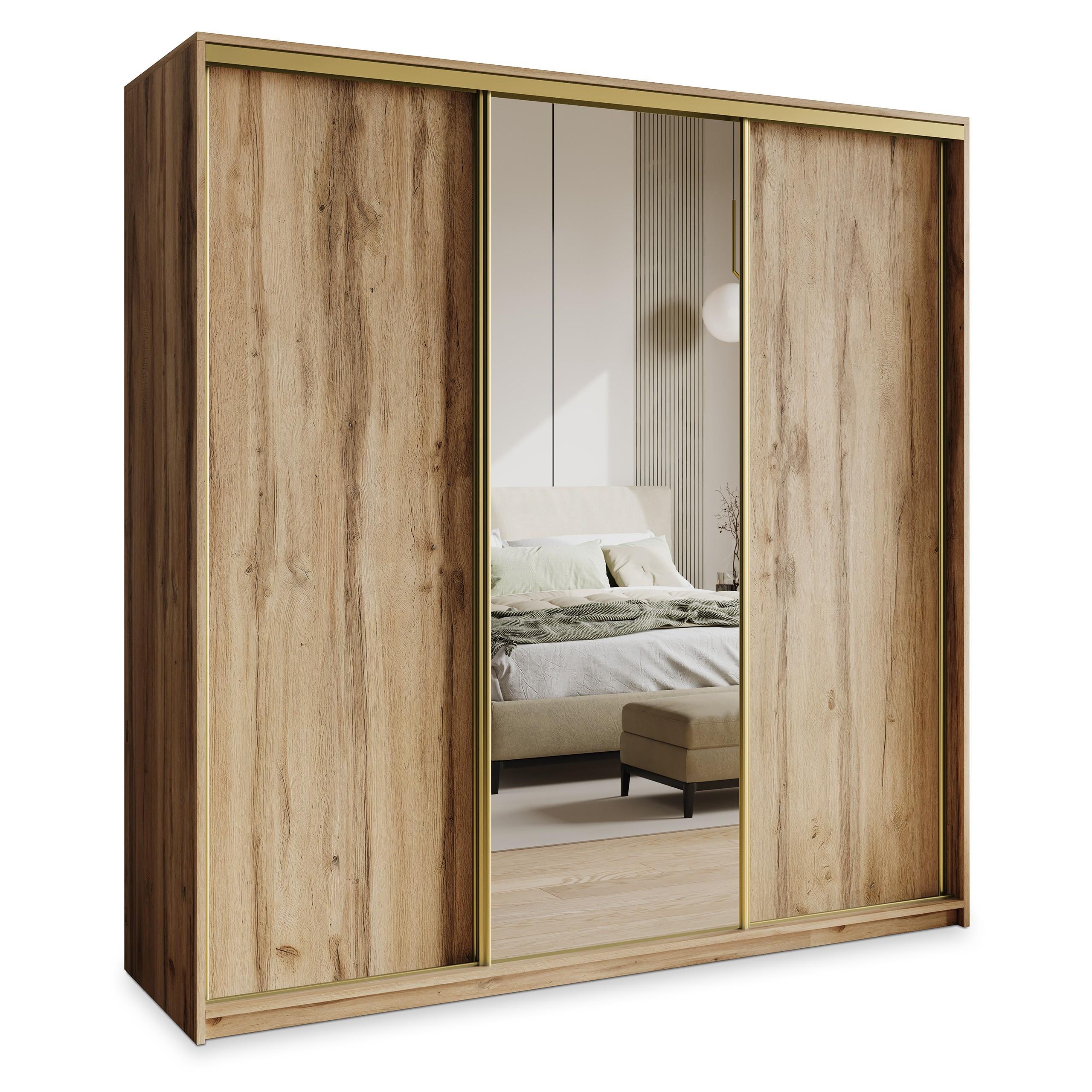 SCHWEBETÜRENSCHRANK TAVI 200/205/60 cm 3-türig mit Spiegel Eiche Wotan - Eiche Wotan, Holzwerkstoff (200/205/60cm) - MASSENO