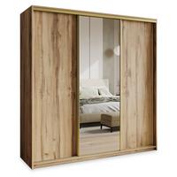 SCHWEBETÜRENSCHRANK TAVI 200/205/60 cm 3-türig mit Spiegel Eiche Wotan - Eiche Wotan, Holzwerkstoff (200/205/60cm) - MASSENO