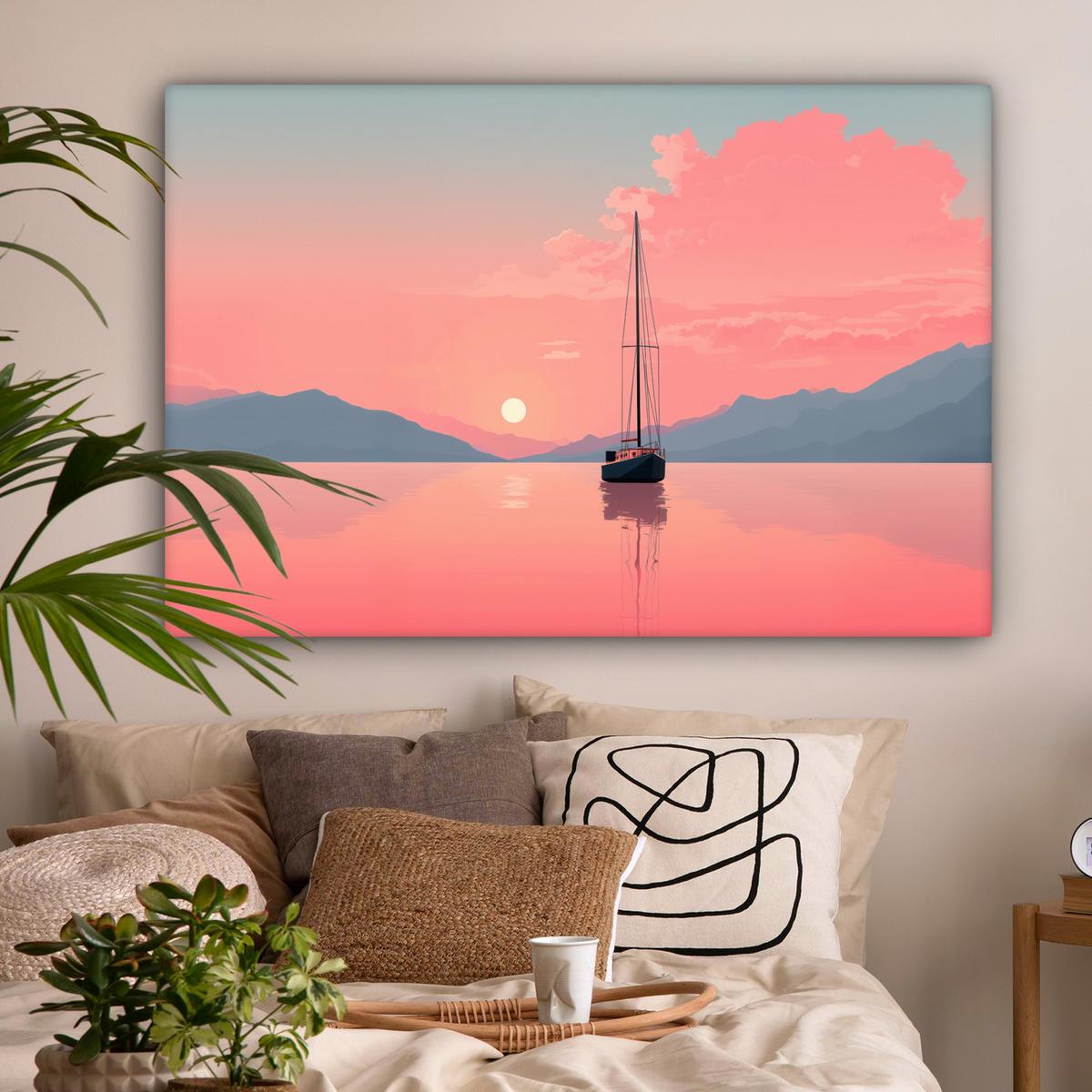 LEINWANDBILD Segelboot - Rosa Meer - Sonnenuntergang - Berge Groß 140x90 cm - Rosa, Textil (140/90cm) - MuchoWow