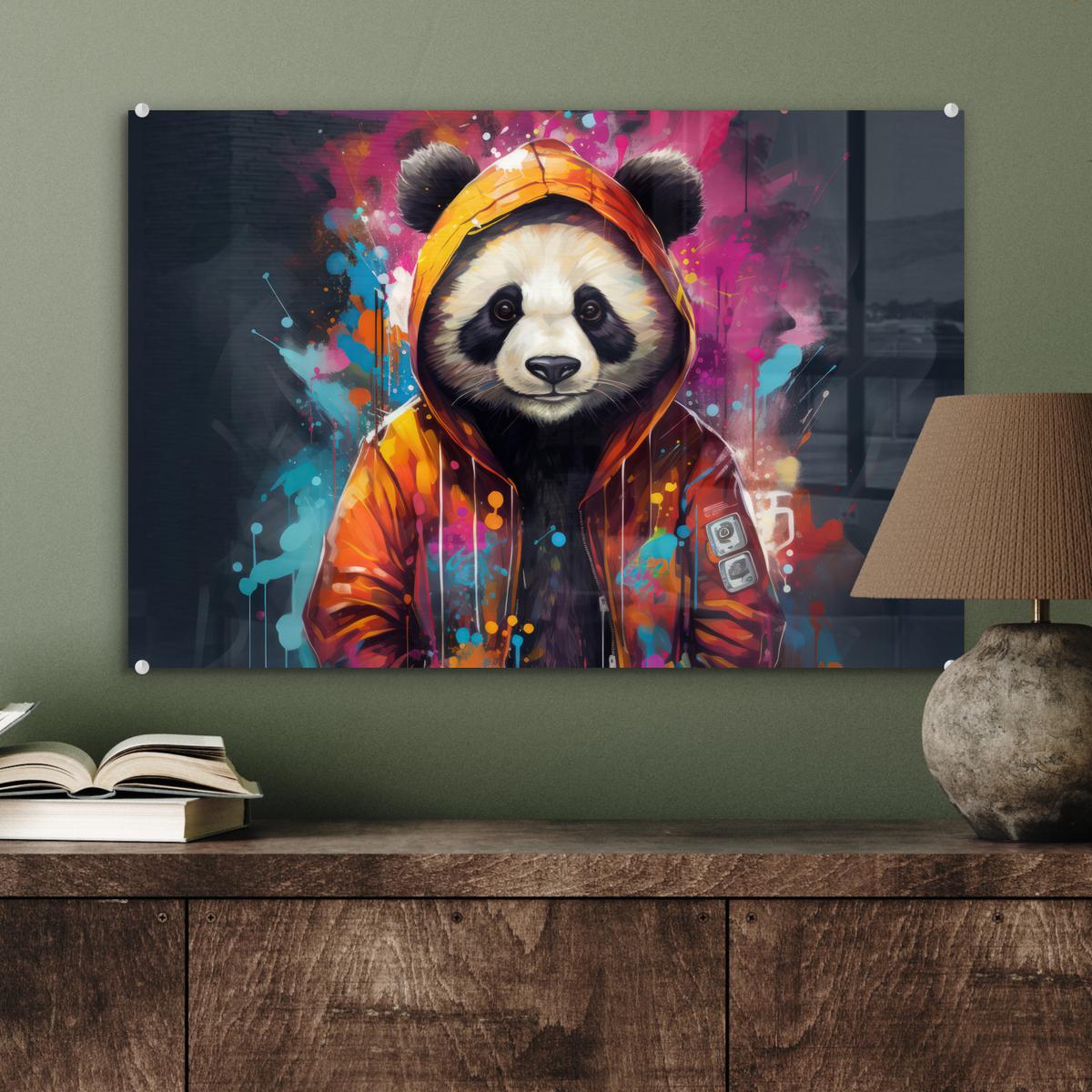 ACRYLGLASBILD Panda - Jacke - Graffiti - Orange Wanddeko 60x40 cm - Orange, Glas (60/40cm) - MuchoWow