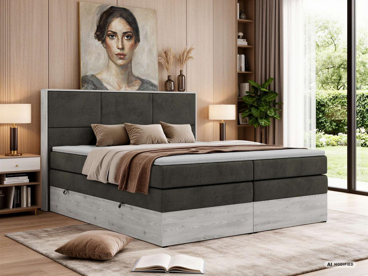 BOXSPRINGBETT DELNOR KING 200/200 - Dunkelgrau Velvet - Topper Visco - H3 - Dunkelgrau/Anthrazit, Kunststoff/Textil (200/200cm) - MKS