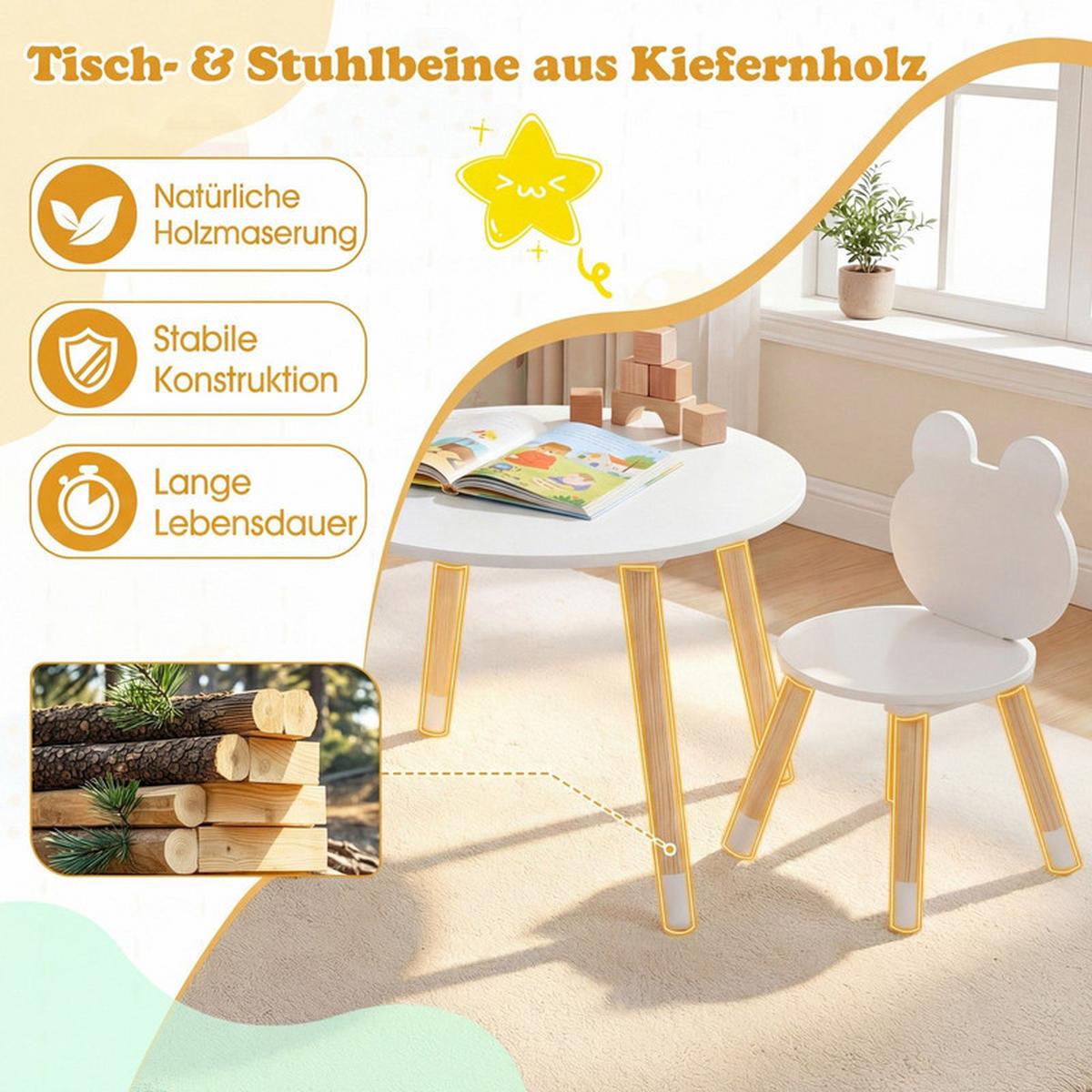 KINDERTISCH mit stuhl weiß(3-tlg) - Weiß/Naturfarben, Holzwerkstoff (60/44/60cm) - COSTWAY