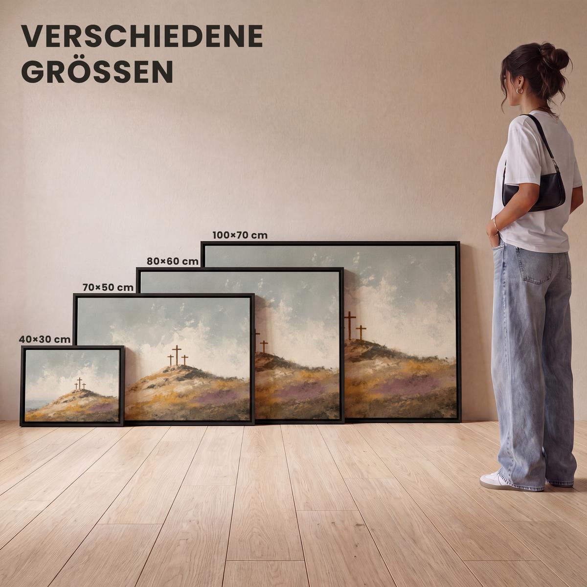 LEINWAND Bilder mit Rahmen - Hügel - Abstrakt - Christentum - Kreuz - 70x50 - Hellgrau, Textil (70/50cm) - MuchoWow