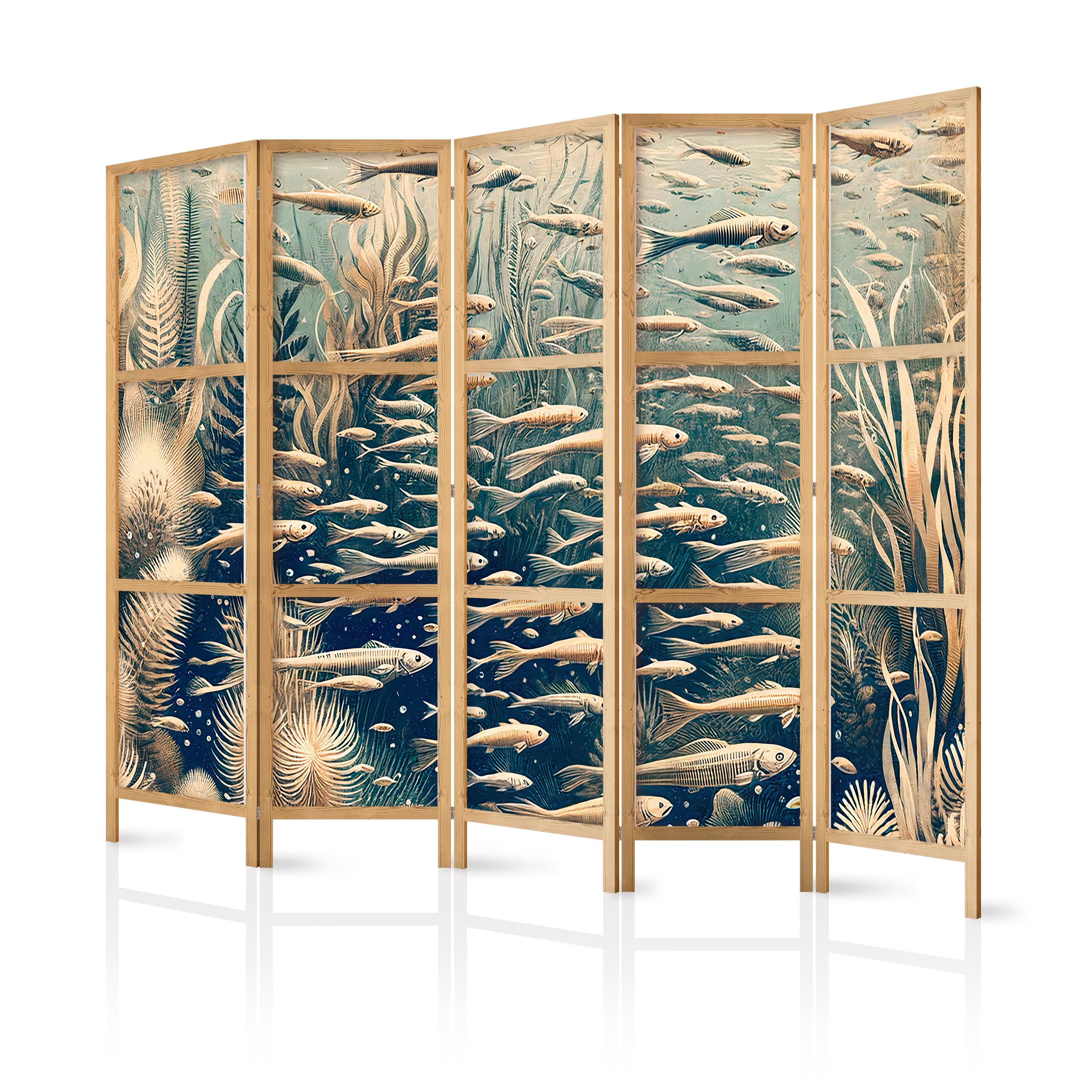 PARAVENT Japanischer 5-tlg 225x172 cm Retro Fische Pflanzen - Blau, Holz/Textil (225/172/3cm) - Muralo