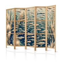 PARAVENT Japanischer 5-tlg 225x172 cm Retro Fische Pflanzen - Blau, Holz/Textil (225/172/3cm) - Muralo