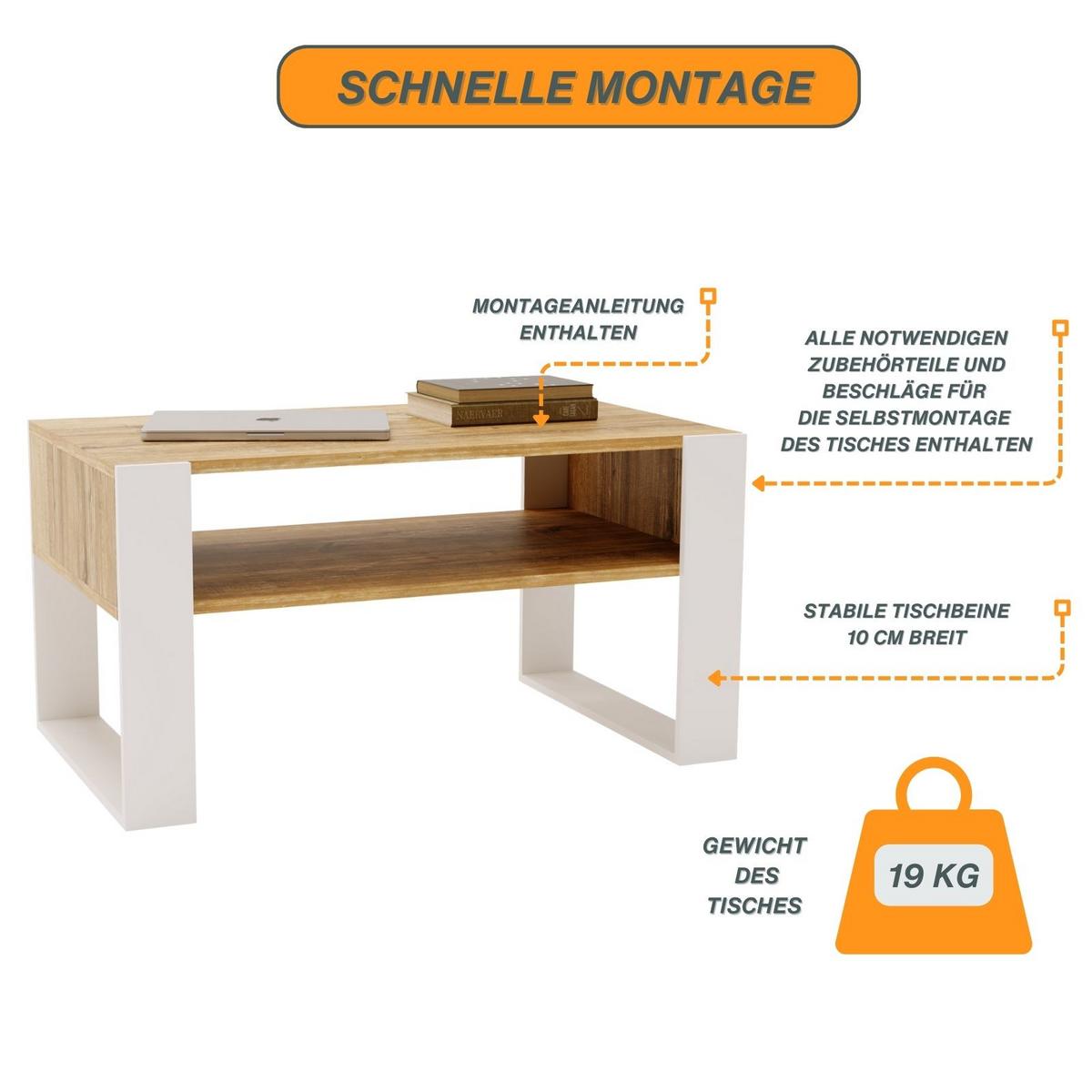 COUCHTISCH Holzwerkstoff rechteckig stabil Kiefer Milford 45/53,6/92cm - Kiefer Milford/Weiß, Holzwerkstoff (53.6/92/45cm) - CraftPAK