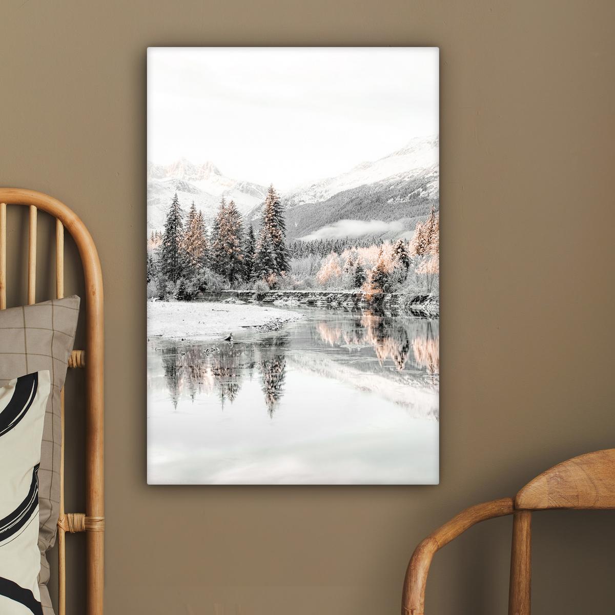 LEINWANDBILD Natur - Winter - Bäume - Berge - Schnee Wanddeko 40x60 cm - Weiß Hochglanz, Textil (40/60cm) - MuchoWow