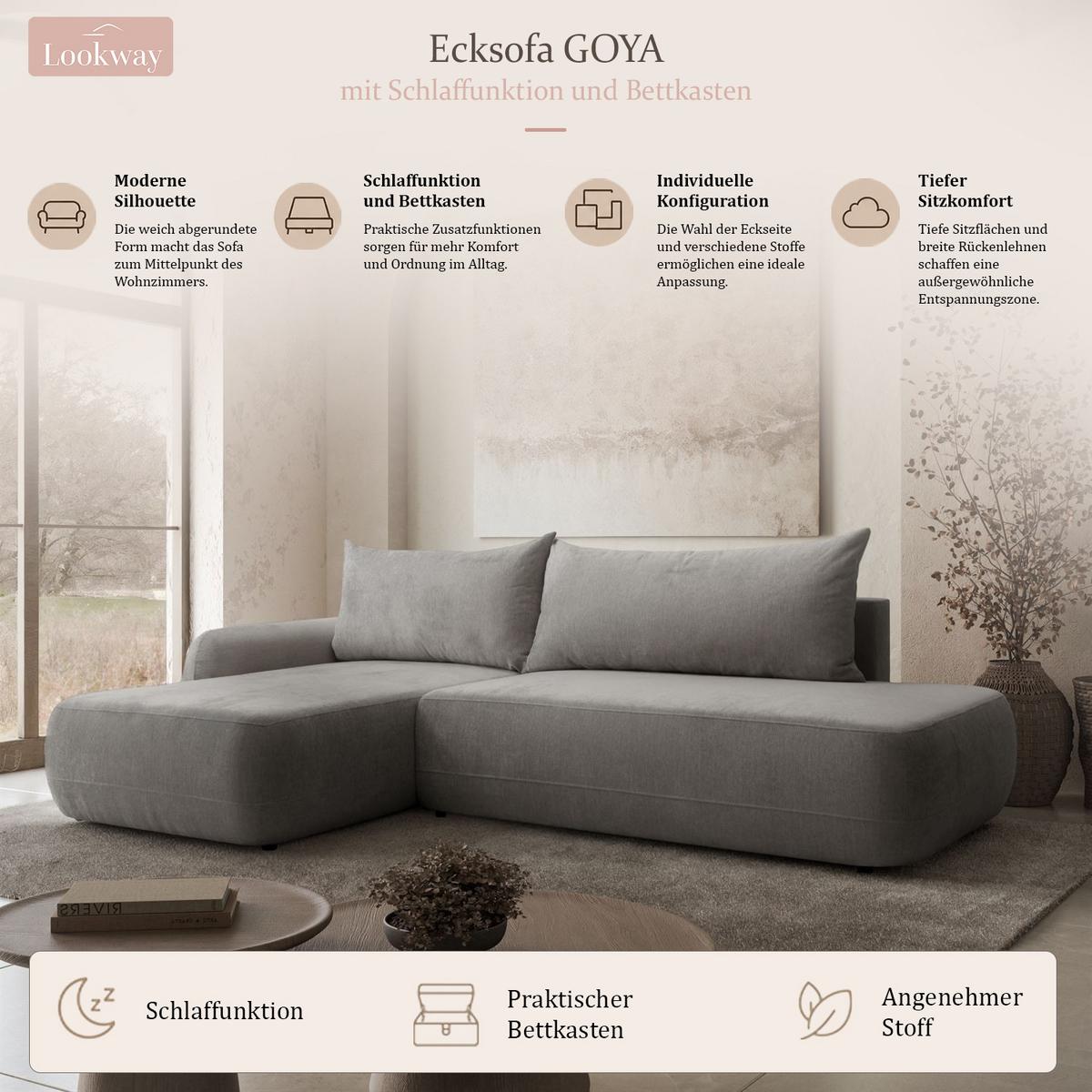 ECKSOFA GOYA mit Schlaffunktion und Bettkasten, Linke, Perfect Harmony 85 - Hellgrau, Textil (184/302cm) - Lookway