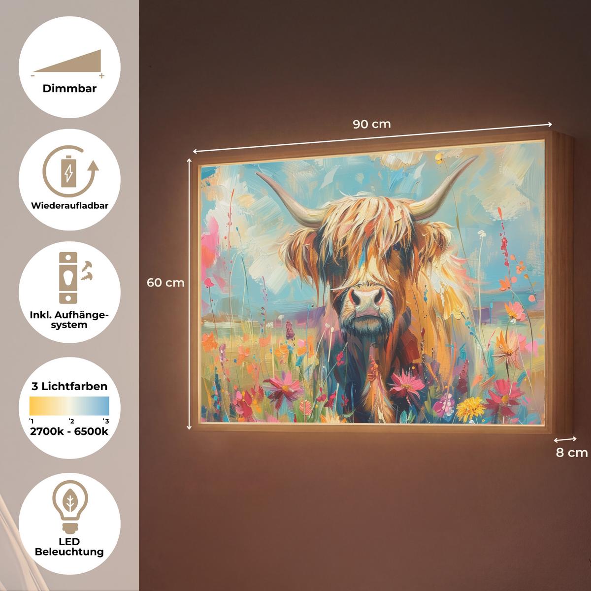 WANDLEUCHTE MIT AKKU Schottische Hochländer - Natur - Farbenfroh - Blumen 90x60 cm - Multicolor, Holzwerkstoff (90/60/8cm) - OnlyWow
