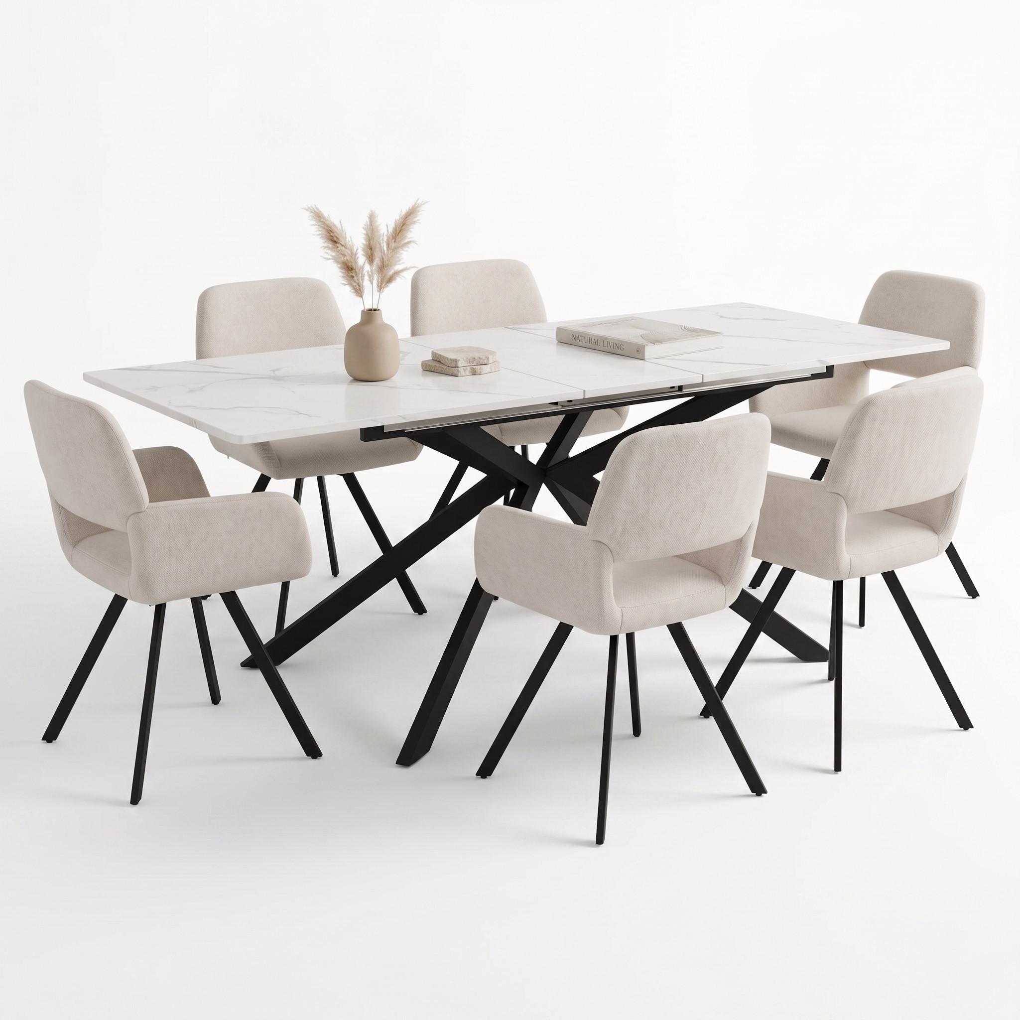 ESSTISCH-SET 1+6, ausziehbarer Tisch mit 6 Esszimmerstühlen - Schwarz/Weiß, Holzwerkstoff (180/75.5/70cm) - Urban Meuble