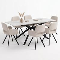 ESSTISCH-SET 1+6, ausziehbarer Tisch mit 6 Esszimmerstühlen - Schwarz/Weiß, Holzwerkstoff (180/75.5/70cm) - Urban Meuble