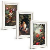 BILDER SET 3er Set - 20x30 cm Weißer Rahmen - Vintage-Blumen, Katzen, Natur - Weiß, Kunststoff (20/30cm) - TULUP
