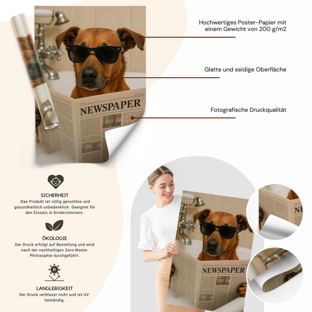 POSTER für WC Badezimmer HUND in Badewanne Retro Zeitung Abstraktion 20x30cm - Beige/Schwarz, Papier (20/30/30cm) - Muralo