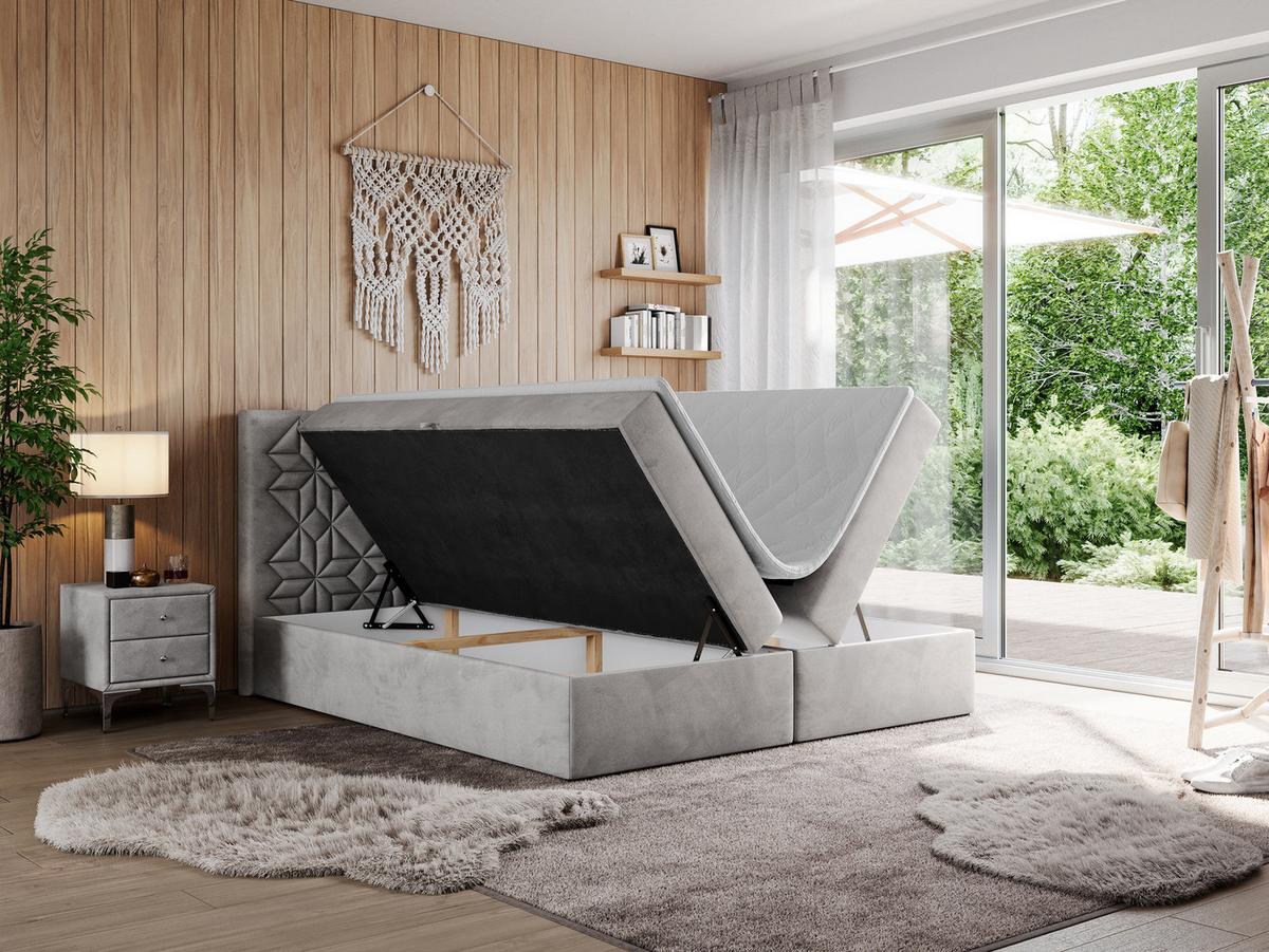 BOXBETT LEILA 140/200 Hellgrau Velvet - H4 - Hellgrau, Holz/Textil (140/200cm) - MKS