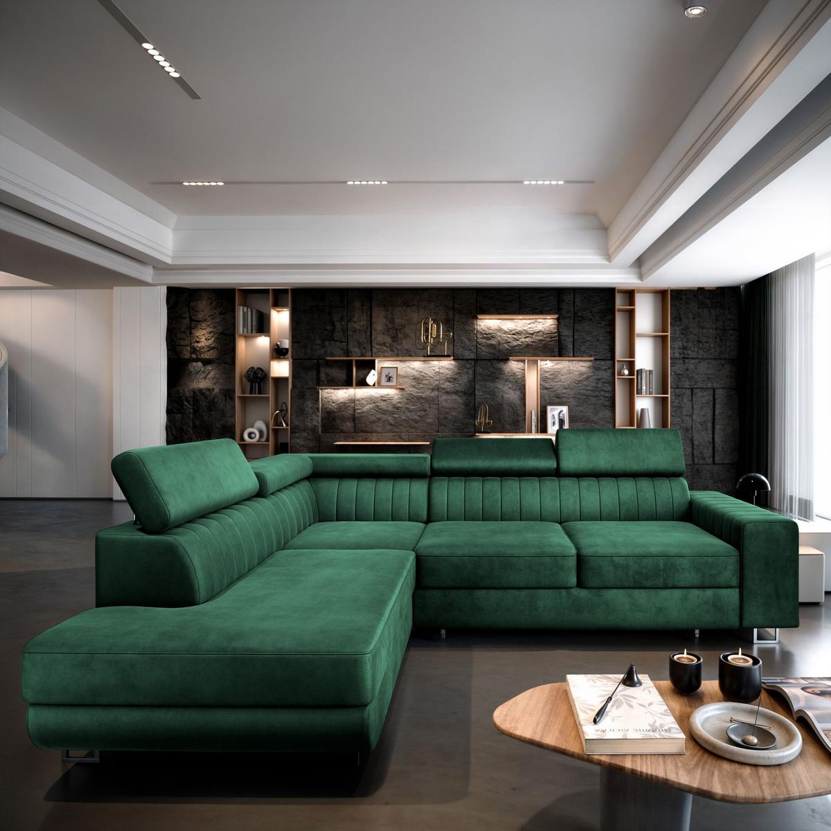 ECKSOFA NOLA L-S Grün Velours-Stoff mit Schlaffunktion - Silberfarben/Grün, Holz/Textil (253/190cm) - MASSENO