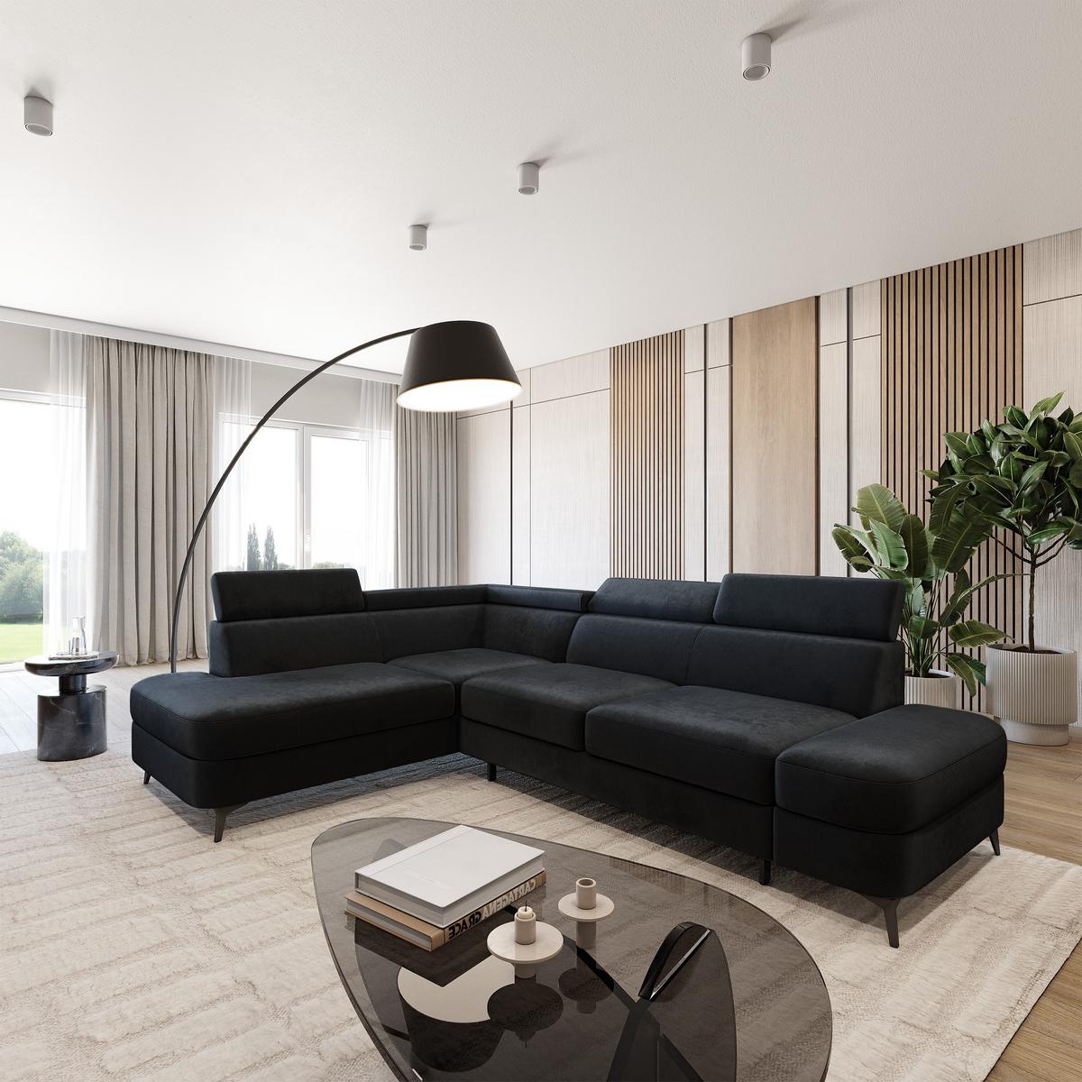 ECKSOFA AVISE M L-S Schwarz Velours-Stoff mit Schlaffunktion - Schwarz, Holzwerkstoff/Textil (268/195cm) - MASSENO