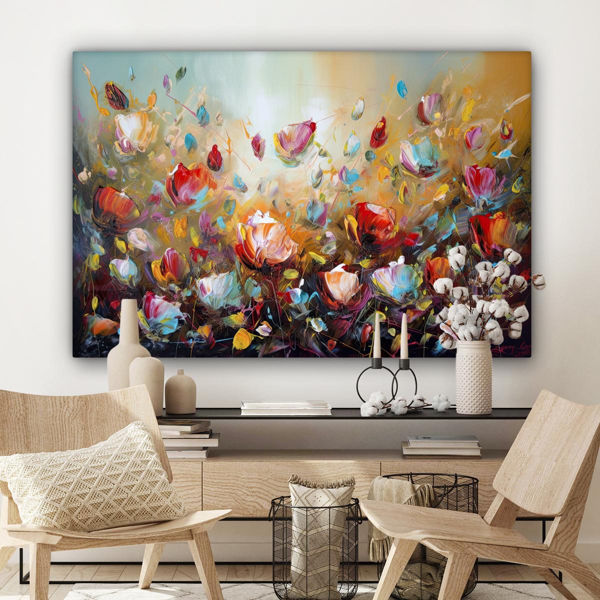 LEINWANDBILD Blumen - Kunst - Natur - Ölgemälde Groß 140x90 cm - Multicolor, Textil (140/90cm) - MuchoWow