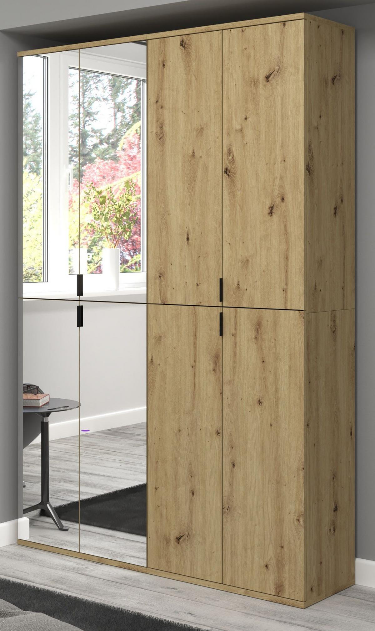 GARDEROBENSCHRANK Eiche 122 cm, Flurschrank mit Spiegel - Chromfarben/Schwarz, Glas/Holzwerkstoff (122/193/34cm) - Inn.Furn