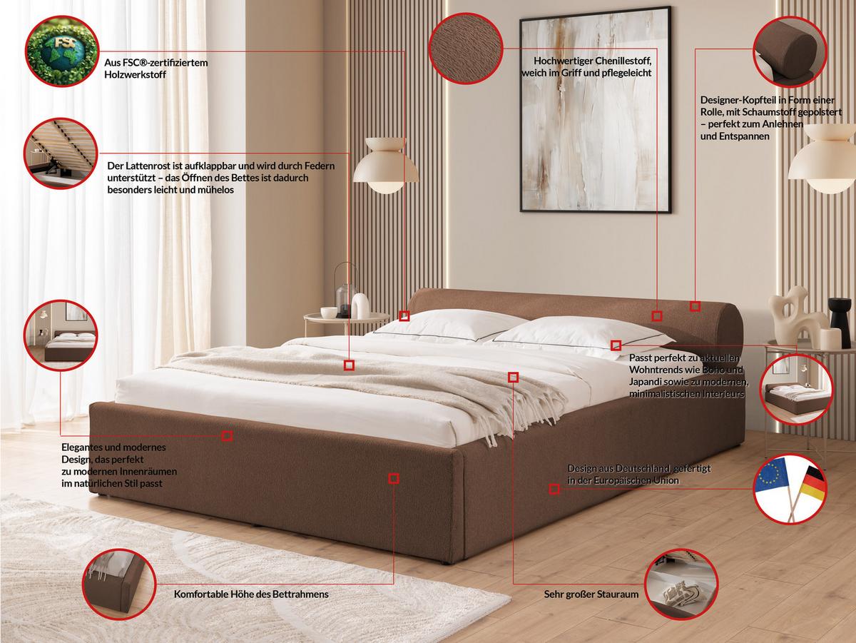 POLSTERBETT 200/200 cm Josy im Designer-Look mit Bettkasten und Lattenrost aus Braun Chenille-Stoff - Schwarz/Braun, Holz/Kunststoff (200/200cm) - S-Style Möbel
