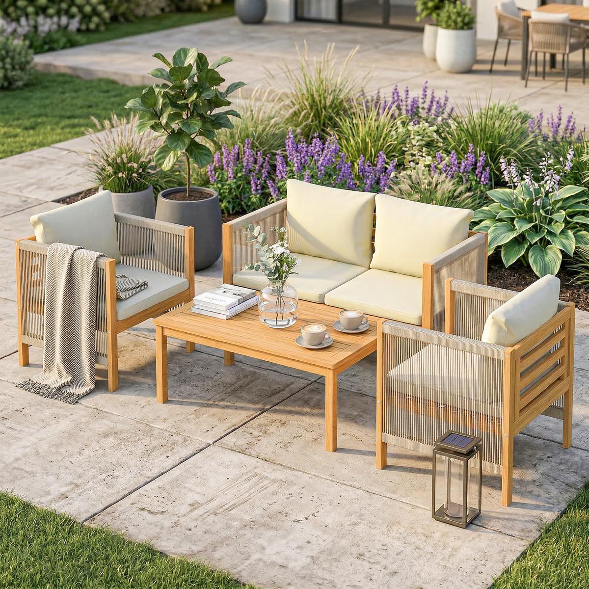 BALKONMÖBEL-SET 4er Set Akazienholz Polyester Beige - Beige/Akaziefarben, Holz/Textil - Outsunny