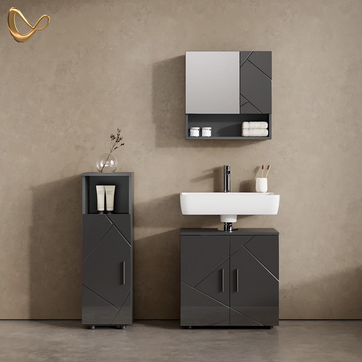 BADMÖBEL-SET Ronco Anthrazit Hochglanz 3 Teile - Schwarz Hochglanz, Holzwerkstoff (60/95/30cm) - Livinity®