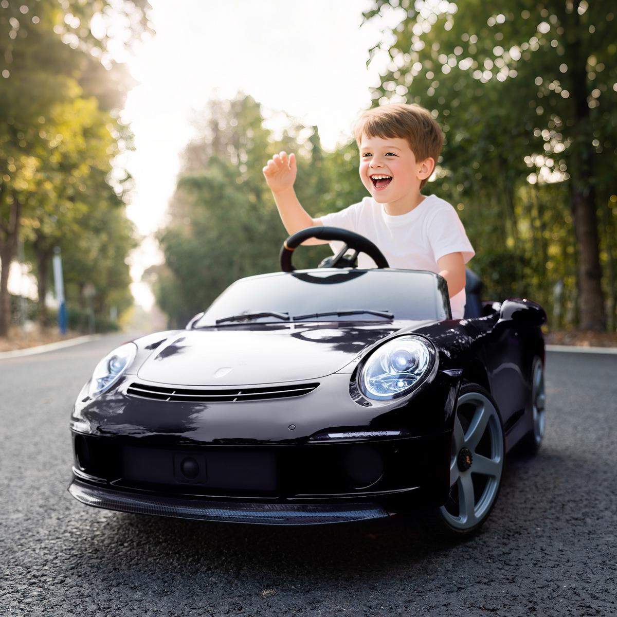 KINDER-ELEKTROAUTO 12V mit 2,4 GHz Fernbedienung, Softstart, Federungssystem - Schwarz, Kunststoff (108/65.5/47cm) - AIYAPLAY