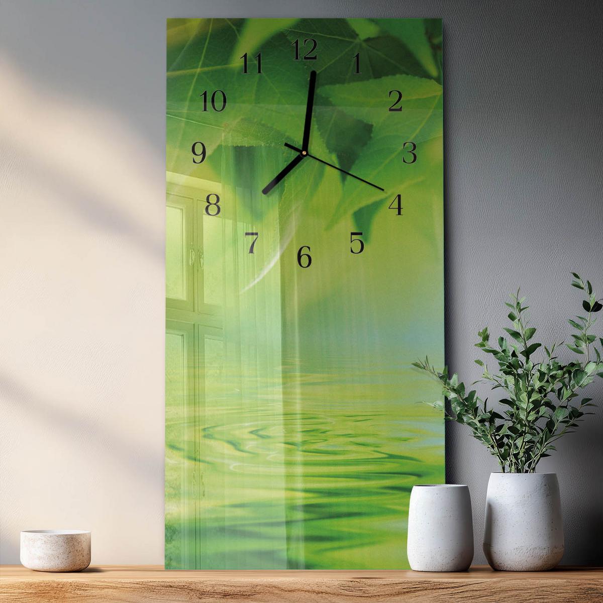 WANDUHR aus Glas 30x60 cm - Blätter - Grün, Glas (30/60/0.4cm) - TULUP