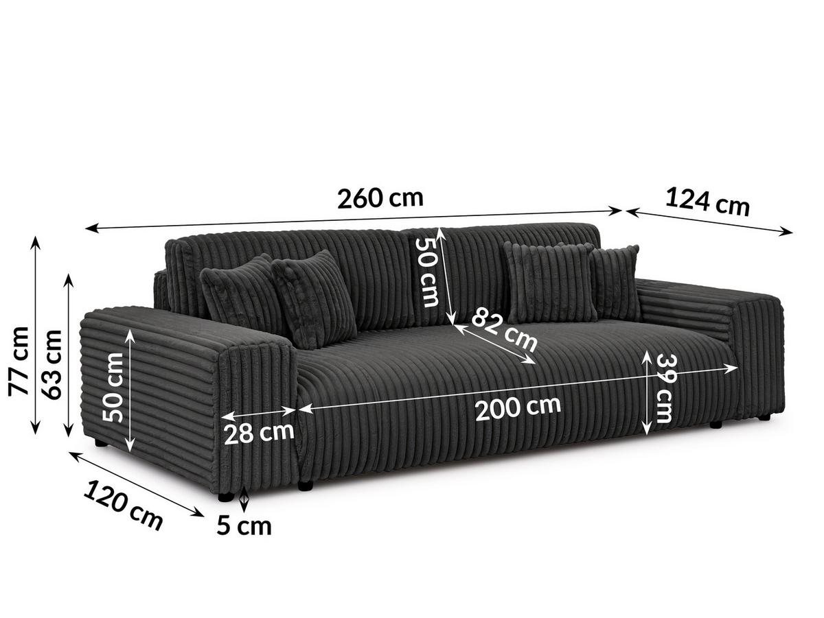 BIGSOFA Mollis Dunkelgrau Plüschcord mit Schlaffunktion - Dunkelgrau/Schwarz, Holz/Kunststoff (260/77/124cm) - S-Style Möbel