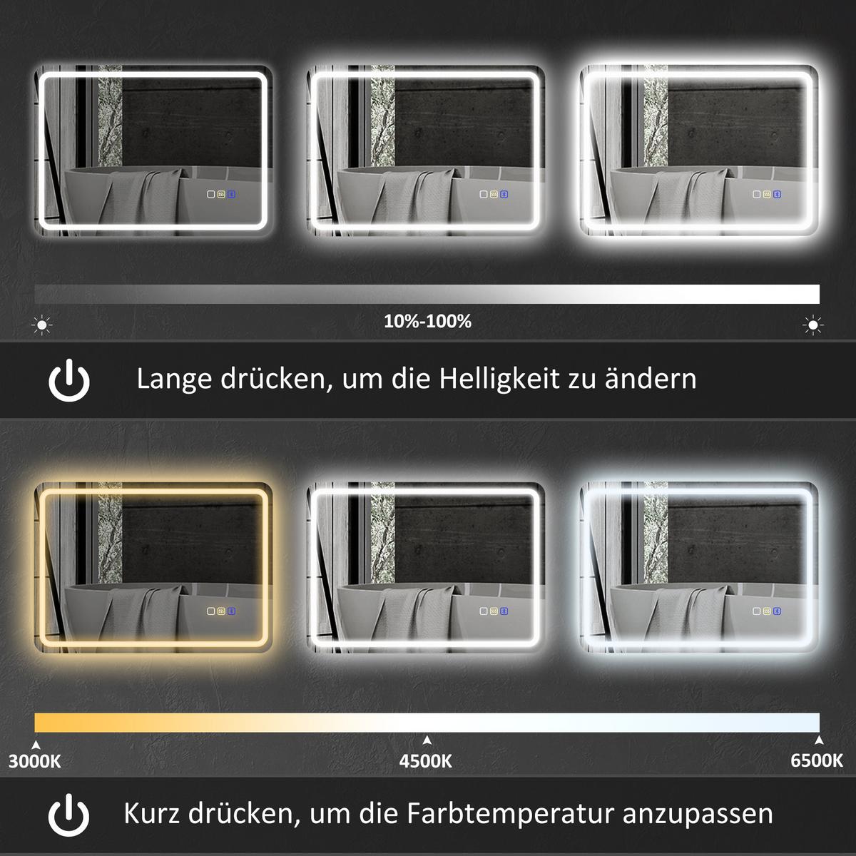 BADEZIMMERSPIEGEL mit LED-Beleuchtung, Anti-Beschlags-Pad, 3 verstellbare Farben - Silberfarben, Glas (50/3.5/70cm) - HOMCOM