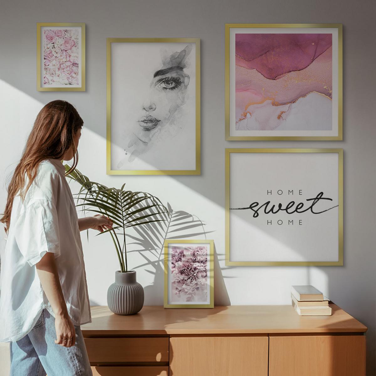 BILDER SET 5er Set - 50x50 cm & 20x30 cm & 40x60 cm Goldrahmen - Zarte Boho-Blätterschrift - Goldfarben, Kunststoff (40/60cm) - TULUP