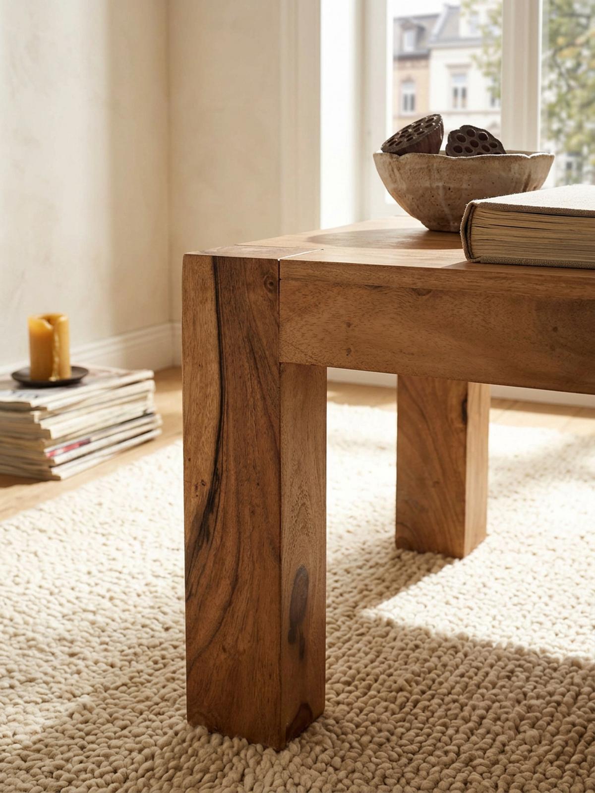 COUCHTISCH aus Akazienholz, rustikal, quadratisch, handgefertigt, Beige 60x60x40 cm - Beige, Holz (60/60/40cm) - KADIMA DESIGN