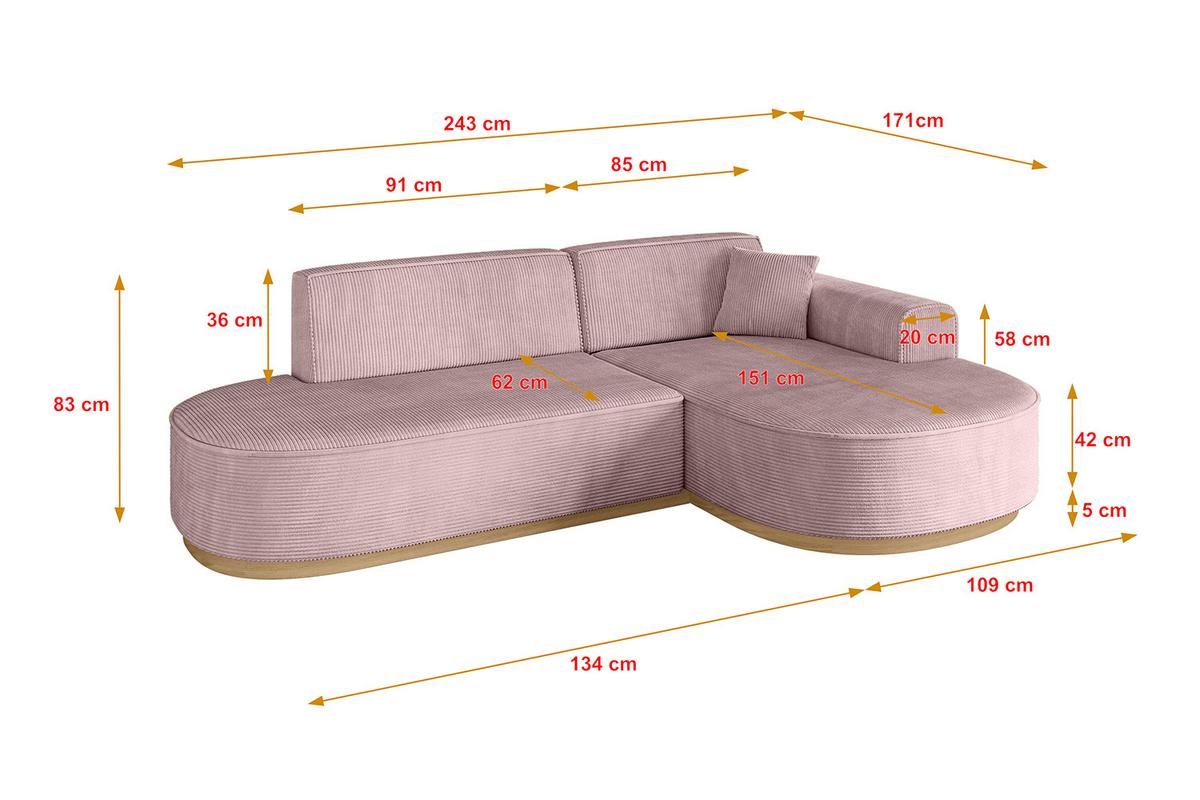 ECKSOFA Ottomane Rechts MARI-L1-v2 - 243x171x83 cm Rosa Cord - Rosa, Holzwerkstoff/Textil (171/243cm) - ALTDECOR
