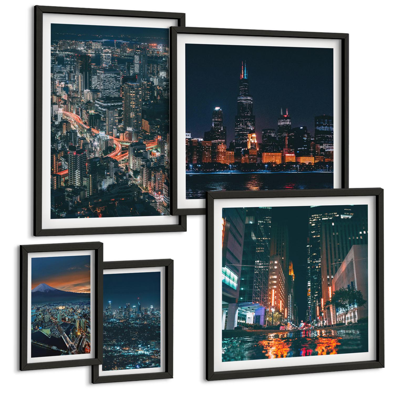 BILDER SET 5er Set - 50x50 cm & 20x30 cm & 40x60 cm Schwarzer Rahmen - Bergpanorama der Stadt bei Nacht - Schwarz, Kunststoff (40/60cm) - TULUP