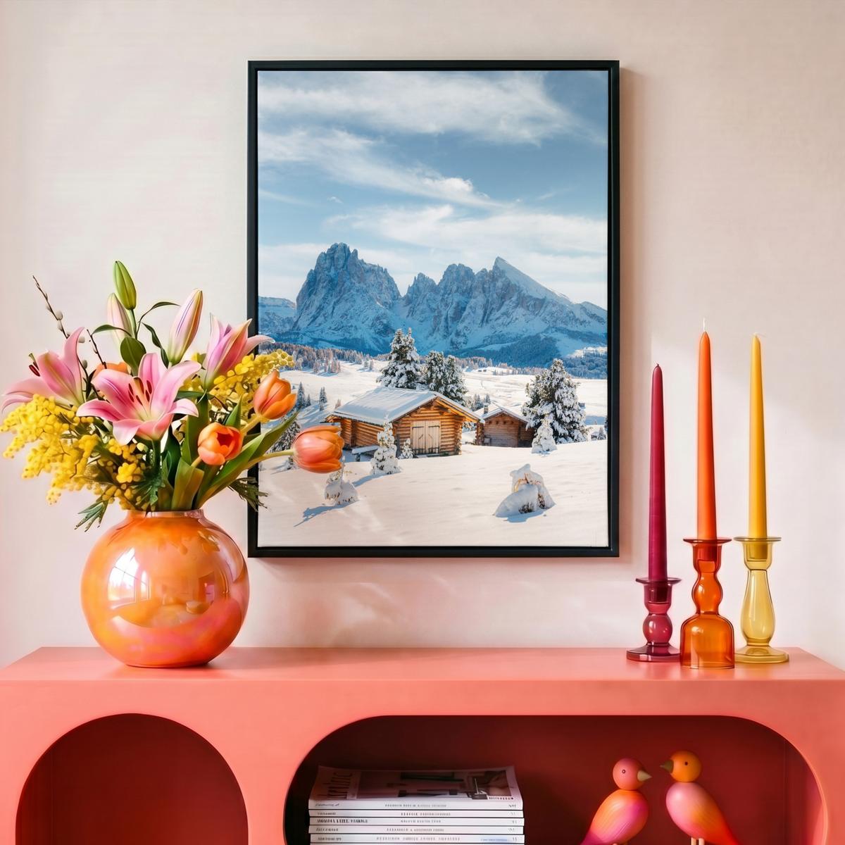 LEINWAND Bilder mit Rahmen - Winter - Hütte - Berge - Aussicht - Schnee - 30x40 - Eichefarben, Textil (30/40cm) - MuchoWow