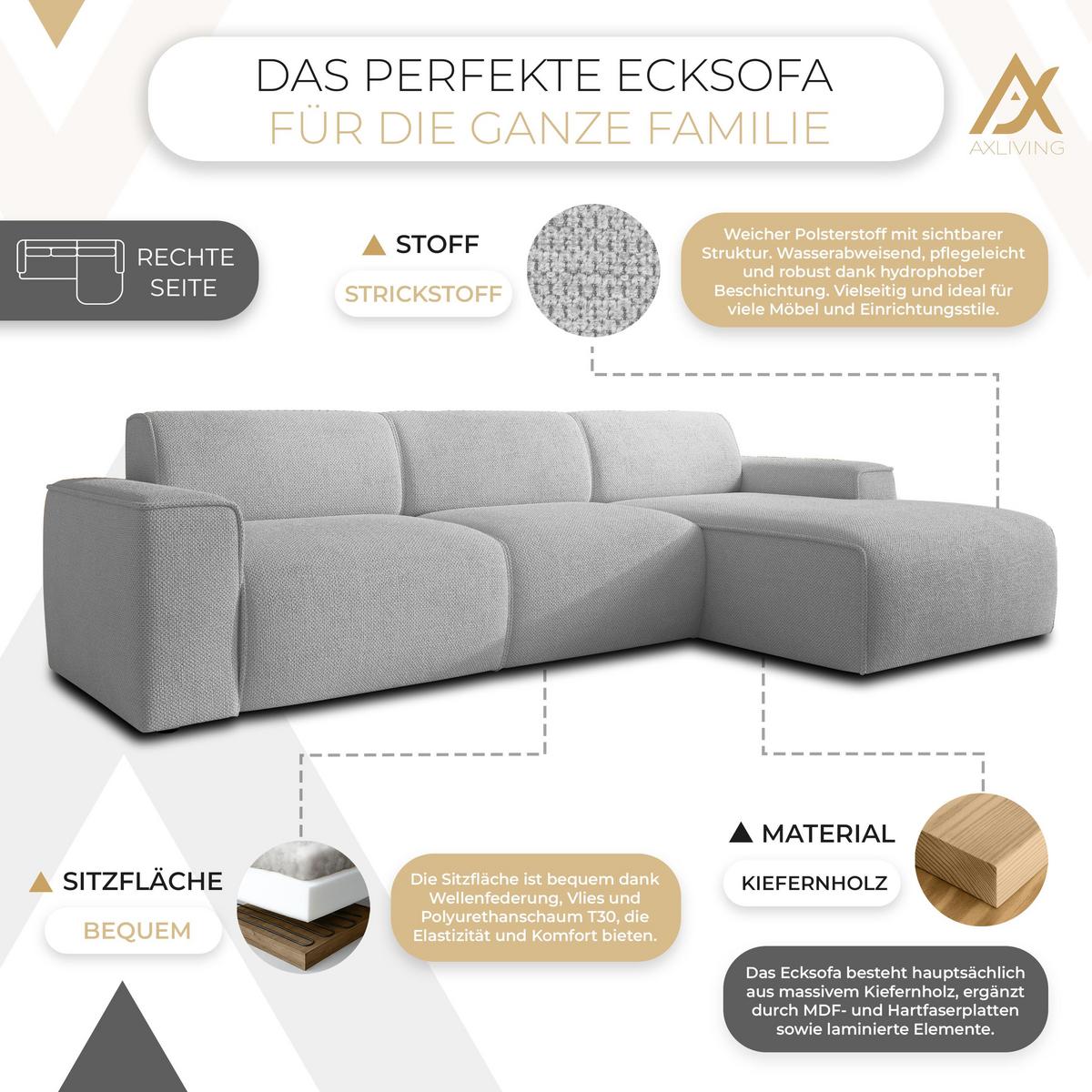 ECKSOFA L Form Didim mini Hellgrau 310/165/78 cm – stilvolle kleine Eckcouch R - Hellgrau/Schwarz, Kunststoff/Textil (310/165cm) - AX Living