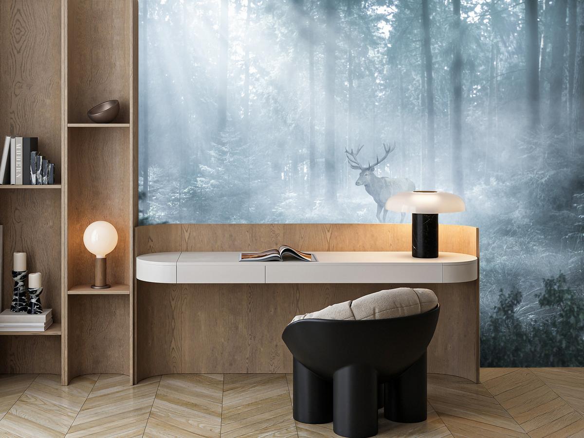 FOTOTAPETE für Wohnzimmer Hirsch Nebelwald Bäume Pflanzen 350x256 - Weiß/Grau, Papier (350/256cm) - Muralo