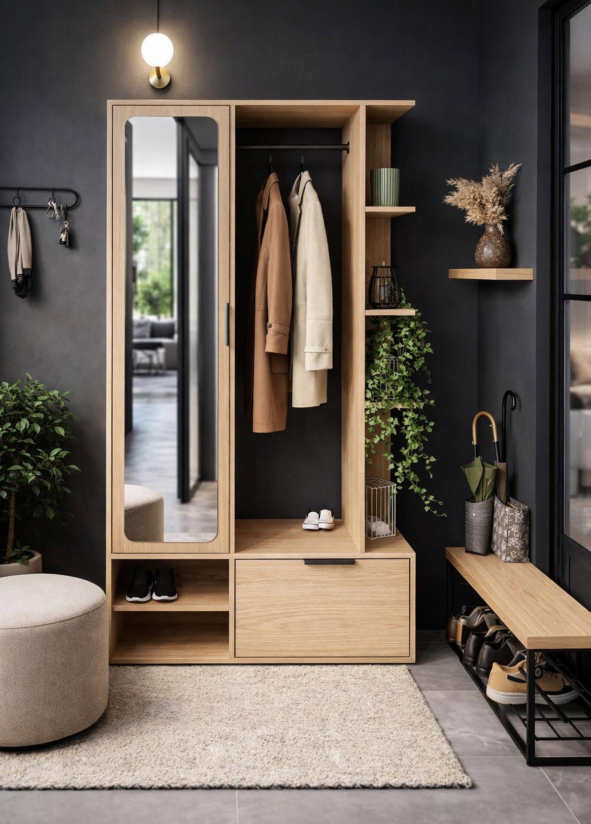 GARDEROBE Mela mit Spiegel, Sitzbank & Kleiderstange – 100/189/33 cm – Eiche Hellbraun - Eichefarben/Schwarz, Holzwerkstoff/Metall (100/189.4/33cm) - WFL GROUP