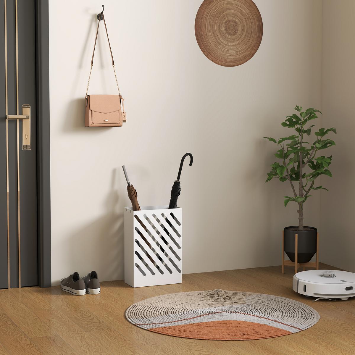 SCHIRMSTÄNDER Regenschirmständer mit 4 Haken und Wasserauffangschale Weiß - Weiß, Metall (14/41/28cm) - HOMCOM