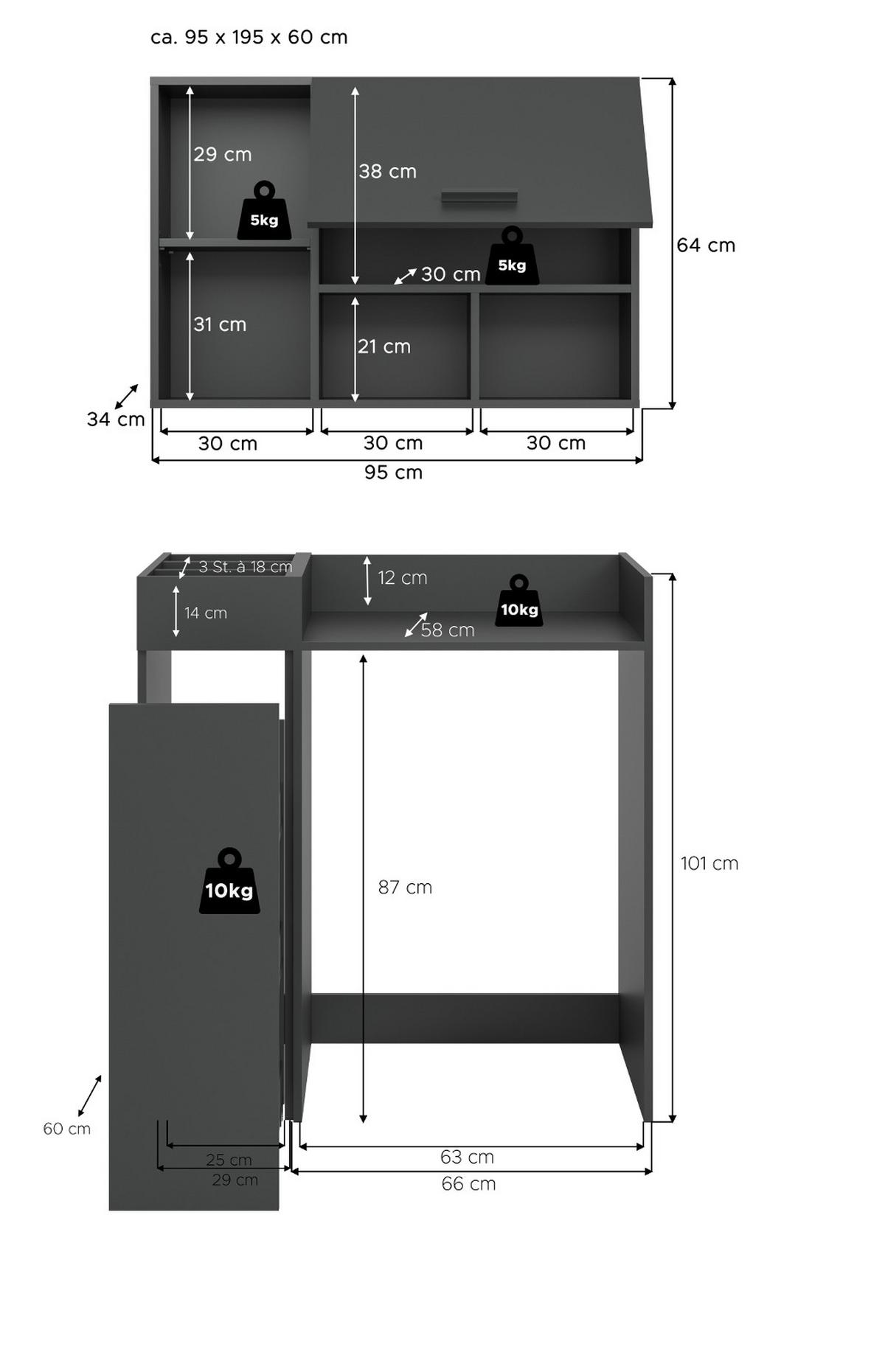 WASCHMASCHINENSCHRANK grau Set 3-teilig 95 x 195 cm, Waschmaschinenumbau mit Stauraum - Schwarz/Grau, Holzwerkstoff/Kunststoff (95/195/60cm) - Inn.Furn