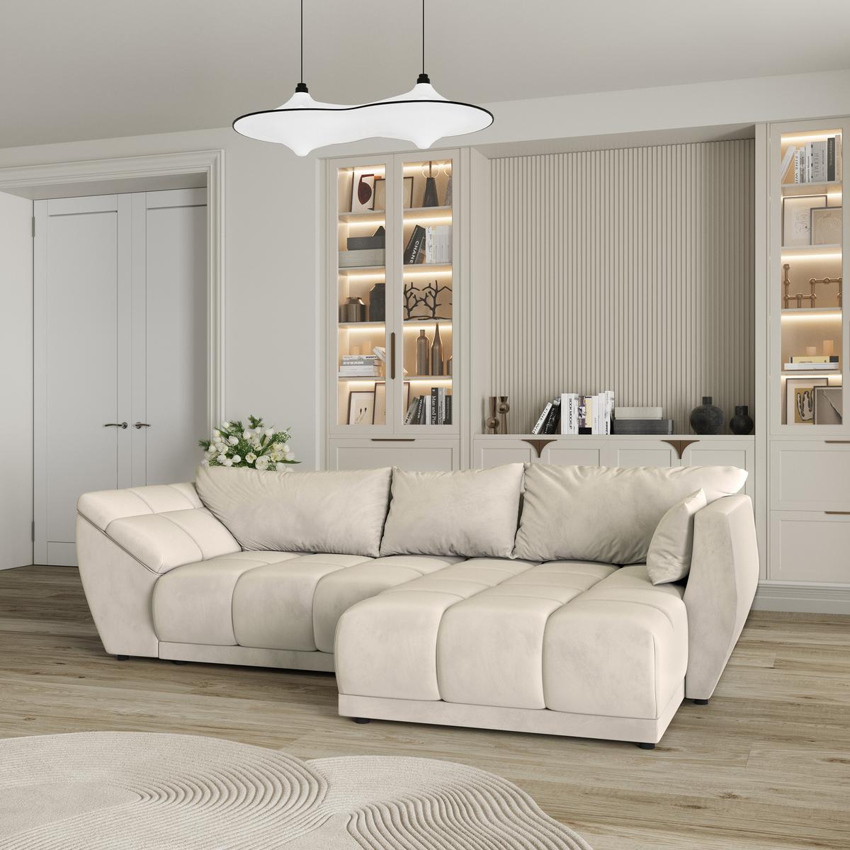 ECKSOFA ORENTI R-S Creme Velours-Stoff mit Schlaffunktion - Creme, Holz (287/182cm) - MASSENO