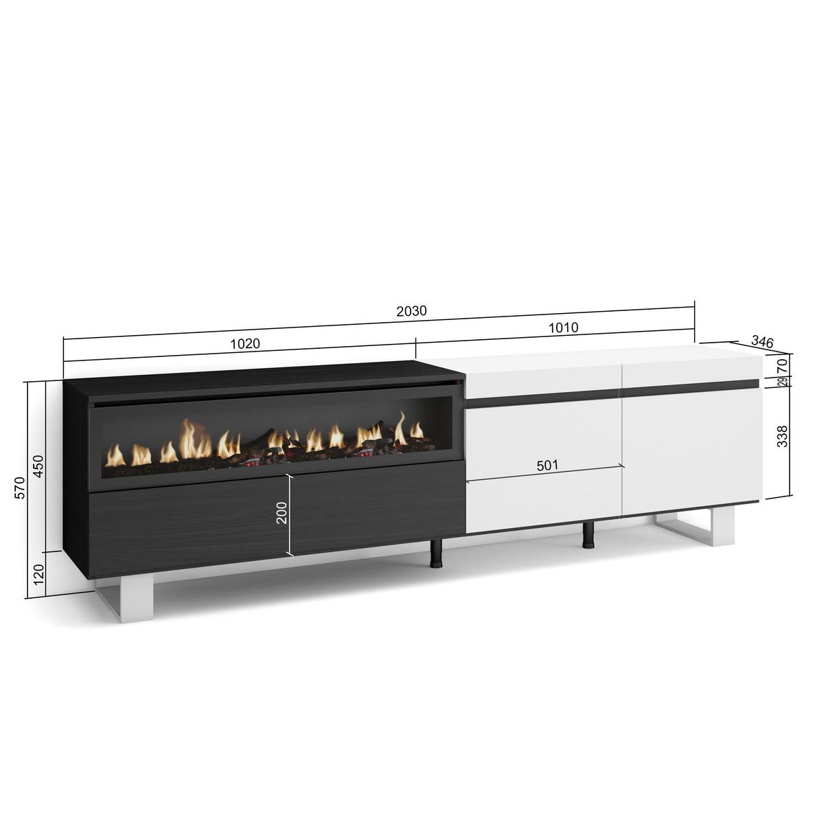 LOWBOARD mit Elektrokamin, Weiß, Schwarz, 200/35/57cm - Schwarz/Weiß, Holzwerkstoff (200/57/35cm) - Skraut Home
