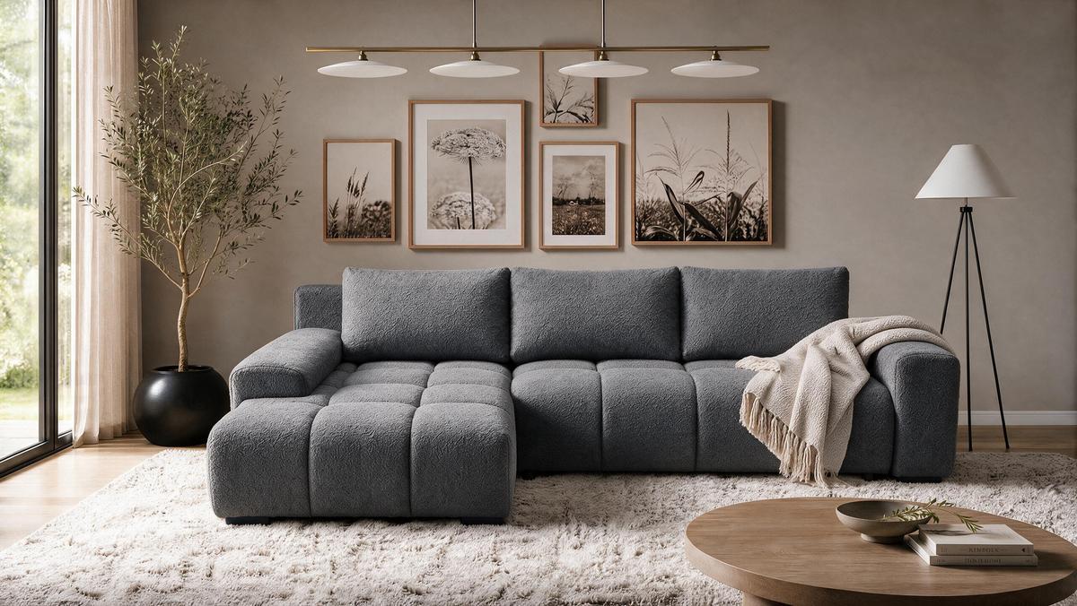 ECKSOFA Ovia mit Bettkasten und Schlaffunktion, Bouclé-Stoff in L-Form - Dunkelgrau, Textil (270/185cm)