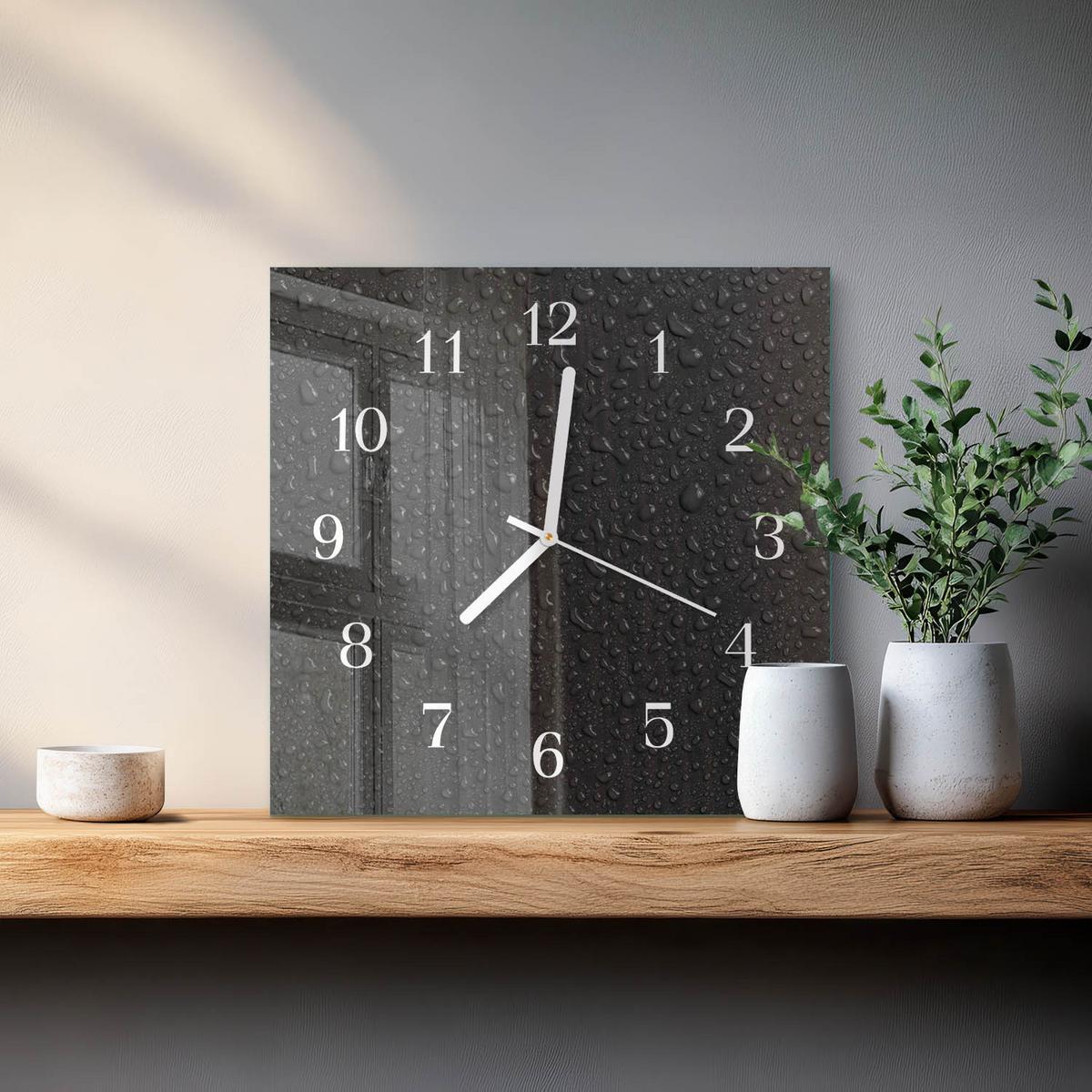 WANDUHR aus Glas 30x30 cm - Wassertropfen - Schwarz, Glas (30/30/0.4cm) - TULUP