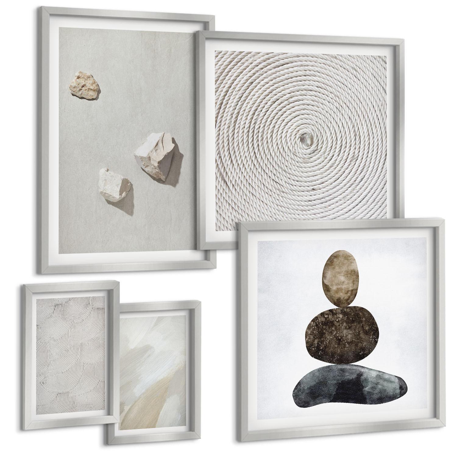 BILDER SET 5er Set - 50x50 cm & 20x30 cm & 40x60 cm Silberner Rahmen - Sandsteine moderne Farbe - Silberfarben, Kunststoff (40/60cm) - TULUP