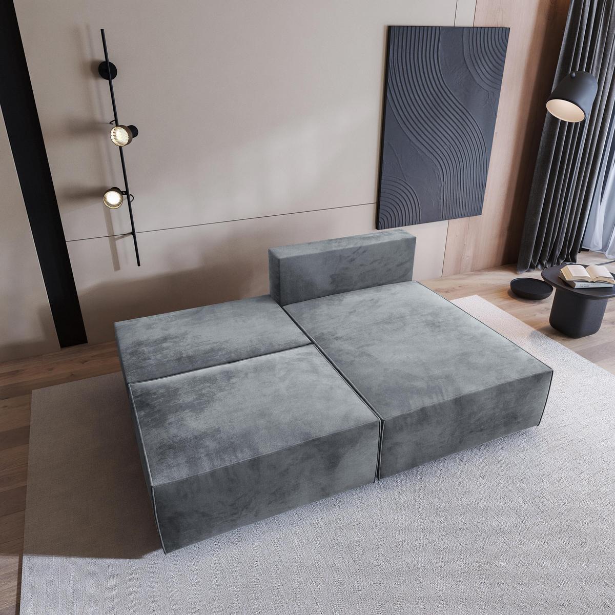 ECKSOFA FIORO M Grau Velours-Stoff mit Schlaffunktion - Grau, Holz/Kunststoff (204/148cm) - MASSENO